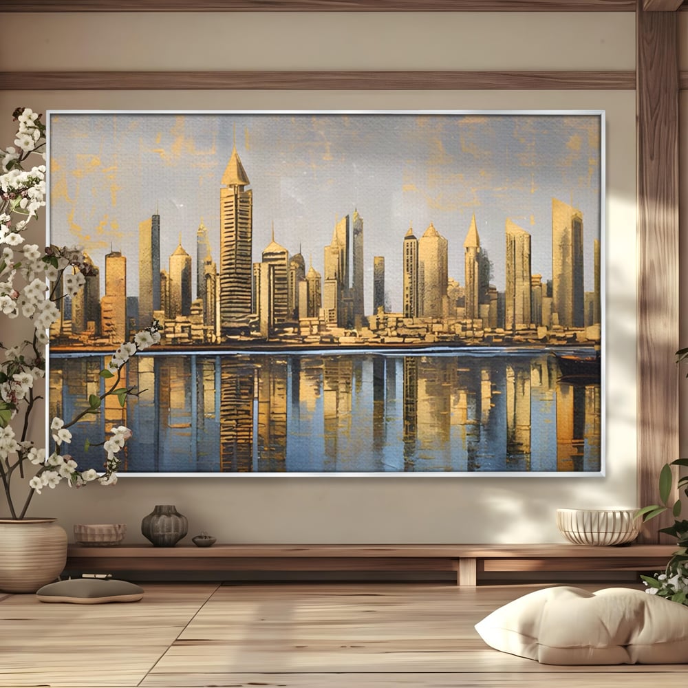 Tablou canvas cu tablou canvas cu peisaj urban si cladiri inalte, in rama de aluminiu argintiu